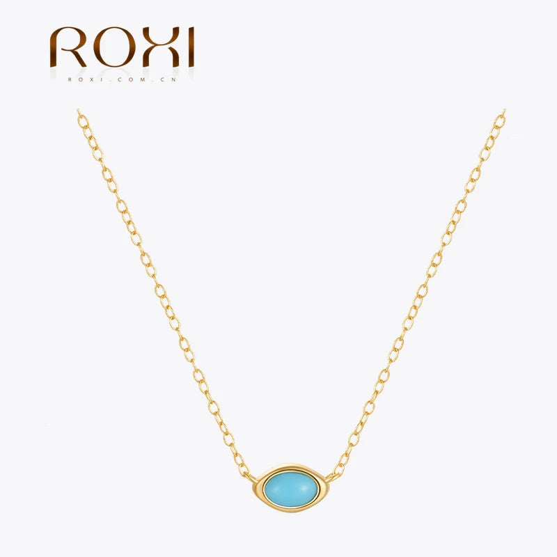 ROXI 925 Sterling Silver Ellipse Natural Turquoise Pendant Necklace For Women Clavicle Chain Delicate Wedding Party Jewelry Gift